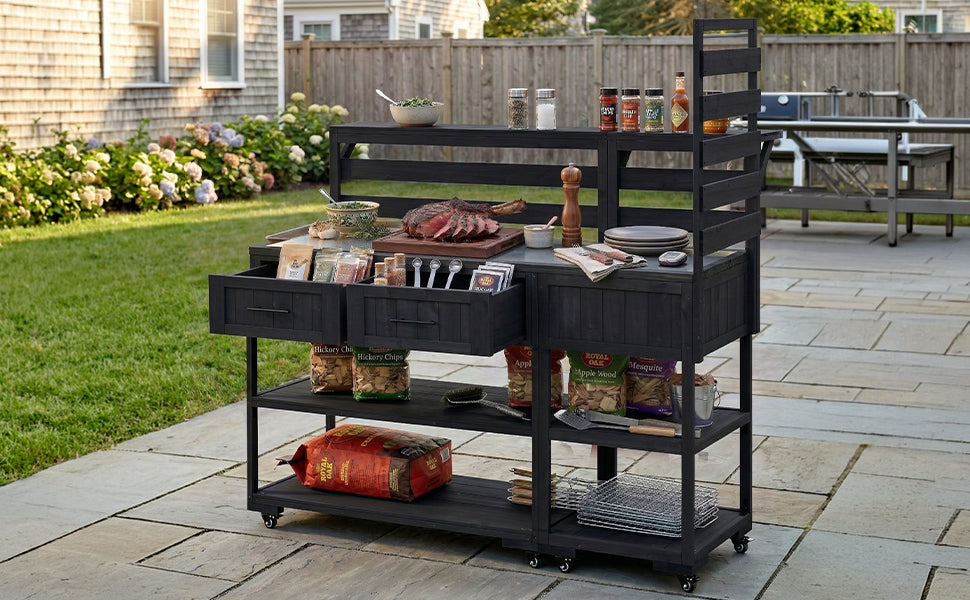 TOPMAX 62.3'' Patio Kitchen Island Solid Wood Kitchen Cart