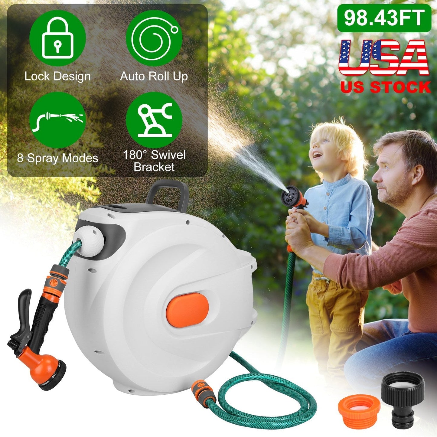Retractable Garden Hose Reel Wall Mounted Automatic Water Hose Reel with Any Length Lock 8 Pattern Spraying Modes 180¡ Swivel Bracket