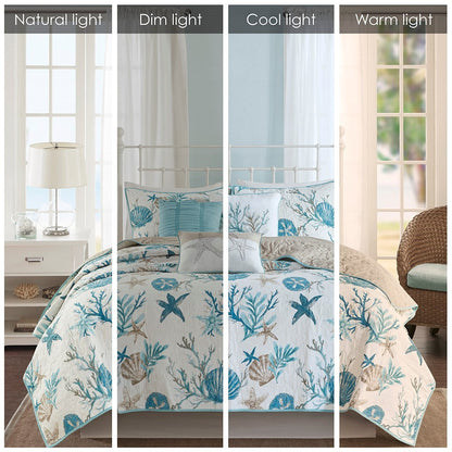 6 Piece Cotton Sateen Quilt Set with Throw Pillows Aqua Full/Queen