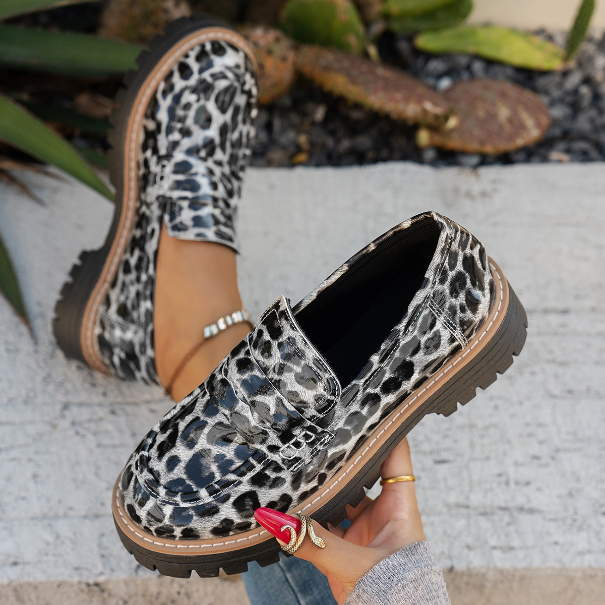 New Autumn Leather Belt-Buckle Patent Leather Leopard-Print Vintage Womens Shoes