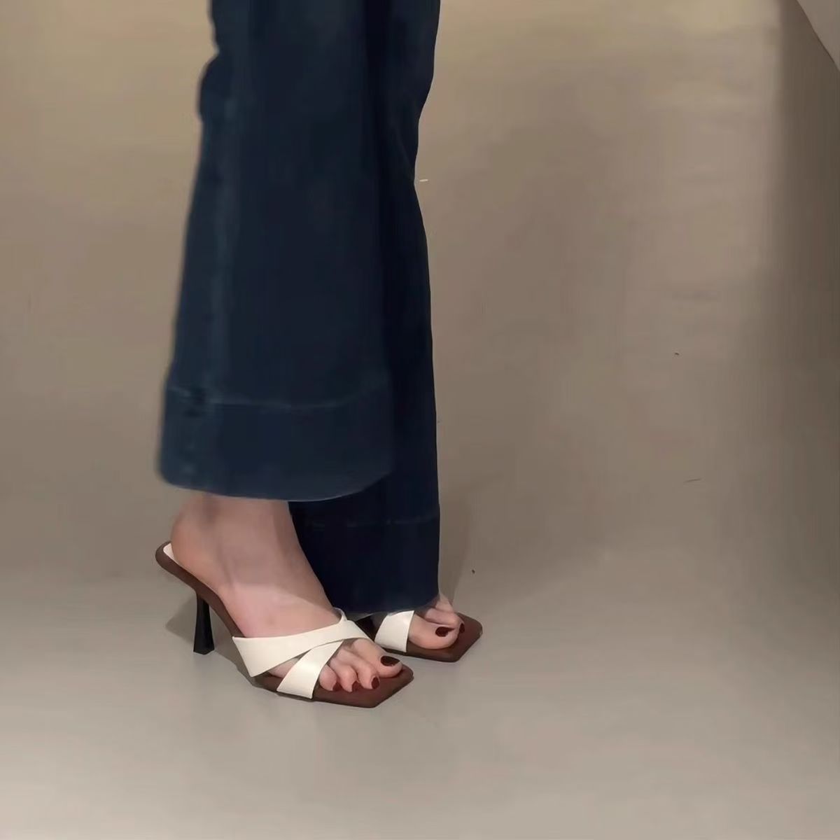 Elegant Socialite Style Cross Strap Open Toe Square Toe Slides For Women, French Stunning 7cm Stiletto High Heels For Summer Outdoor Wear