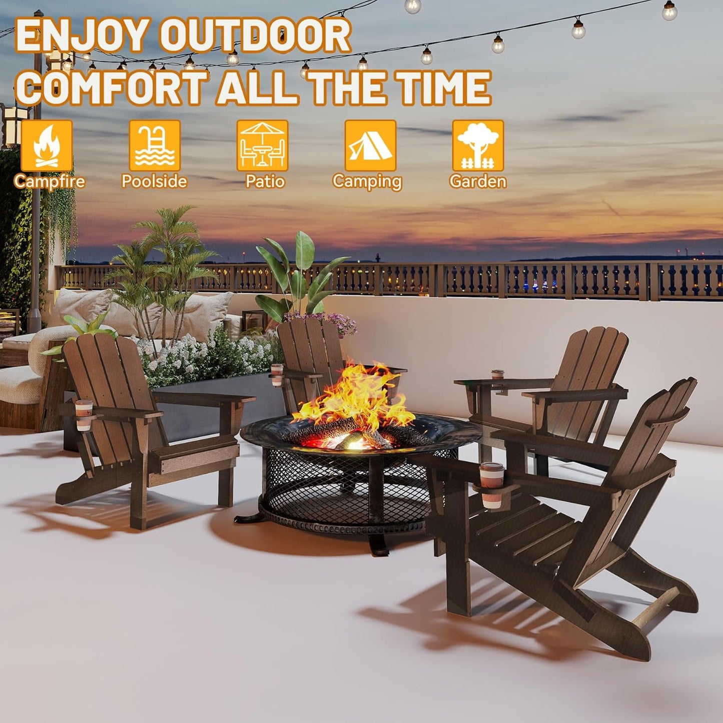 Adirondack Chair, Folding HDPE Outdoor Seating with Cup Holder