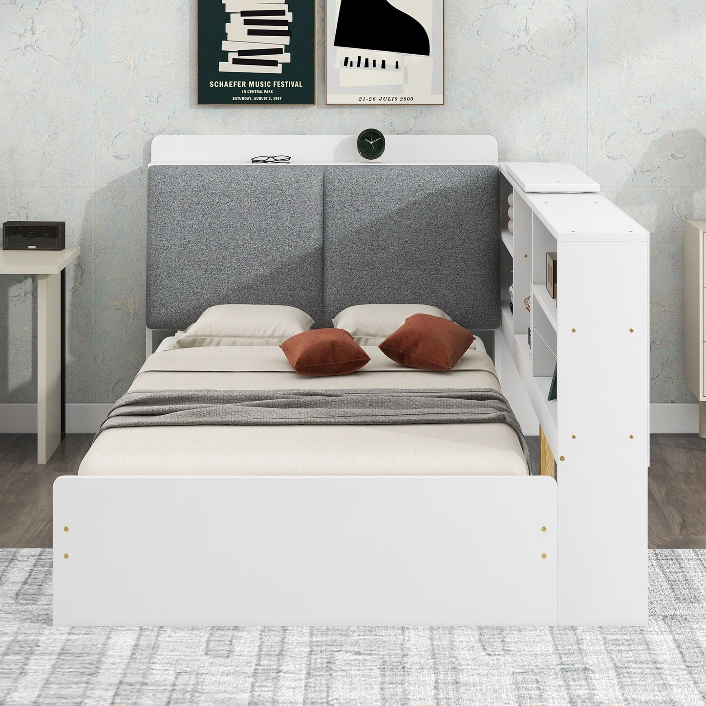 Platform Bed With Storage Headboard, Shelves And 2 Drawers