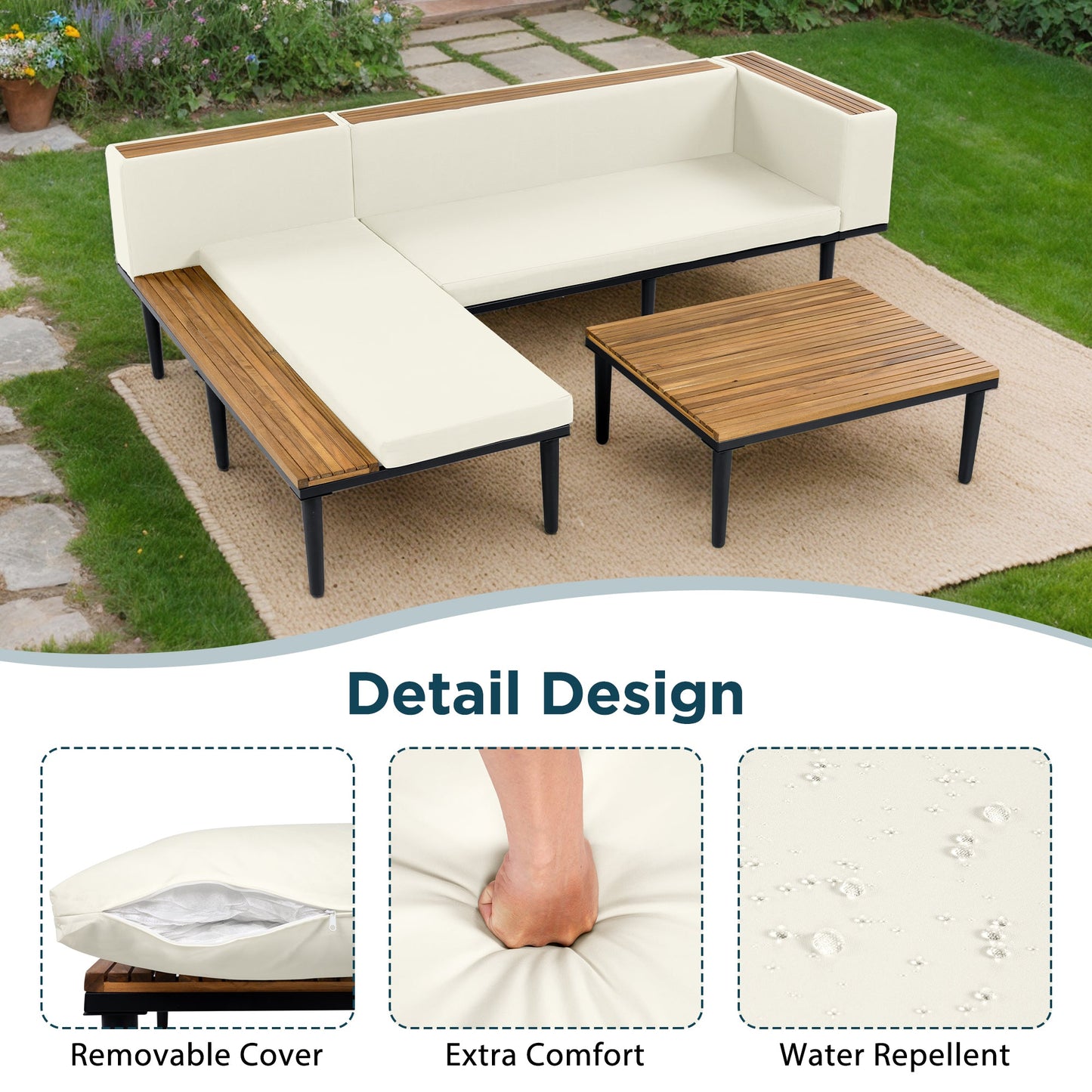 Luxury L-Shaped Acacia Wood Patio Furniture Set with Cushions