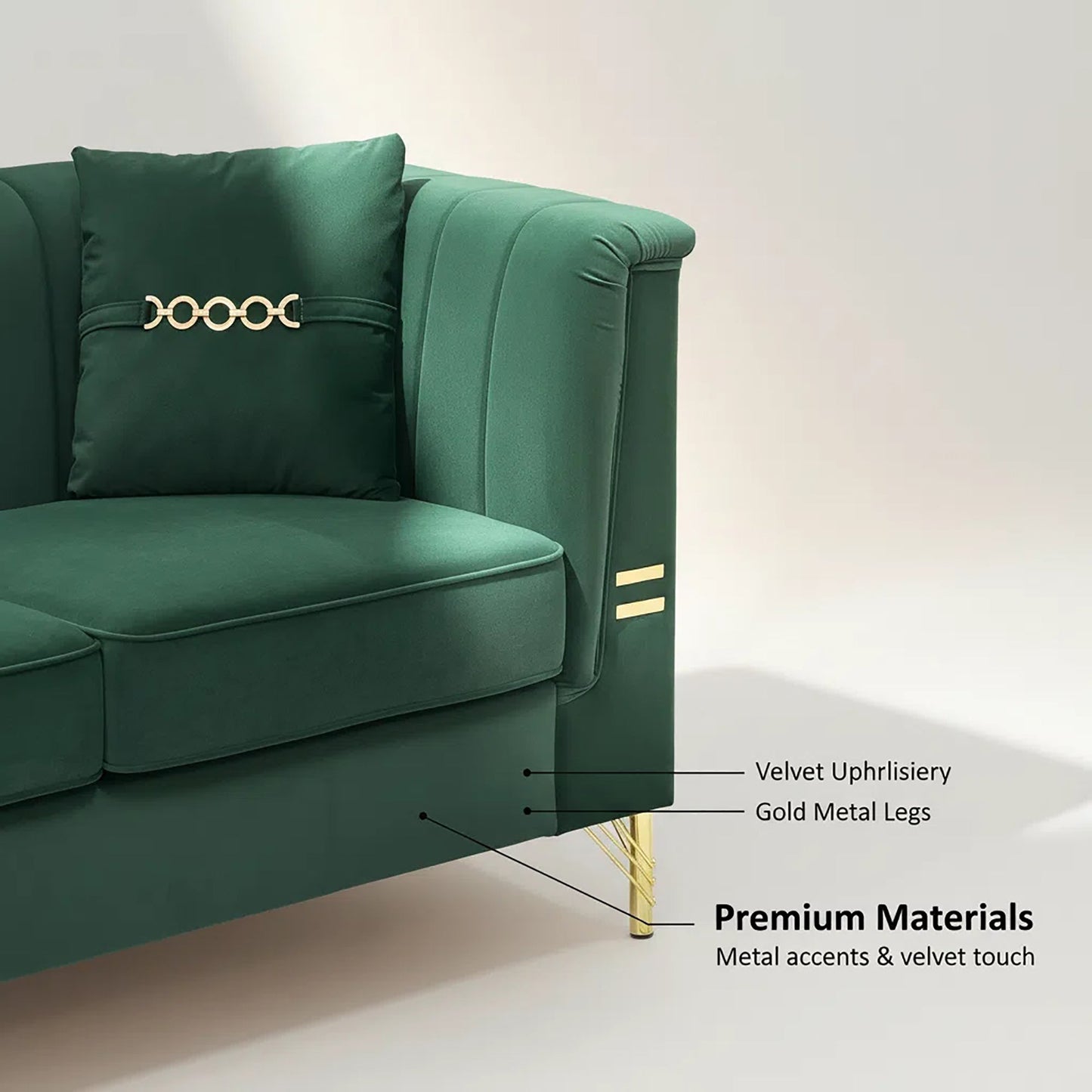 FX-P82-GR3 82.67" Modern Velvet 3-Seater Chesterfield Sofa with 2 Pillows