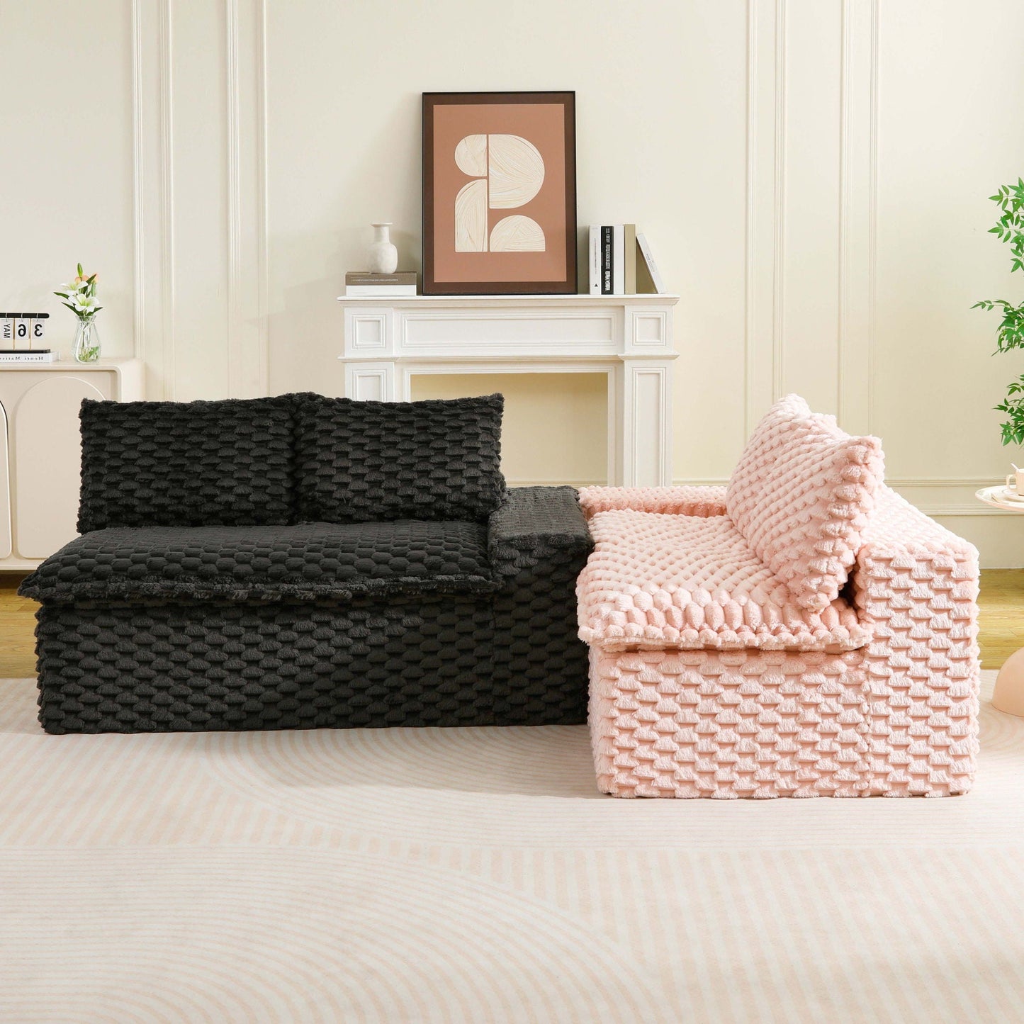 Multifunctional Sofa Pink Black, Fits 4 People