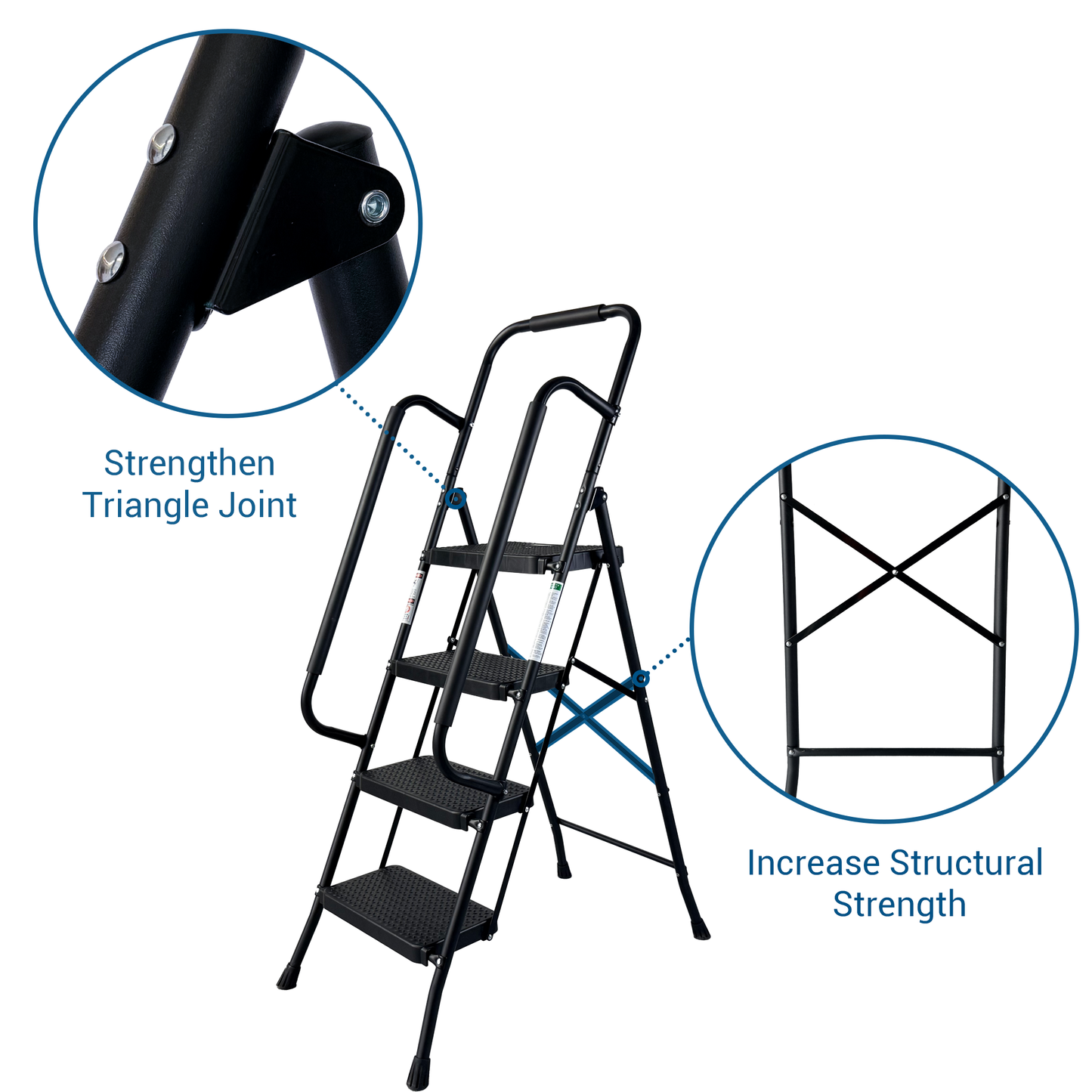 4 Step Folding Steel Ladder with Anti-Slip Pedals and Handrail
