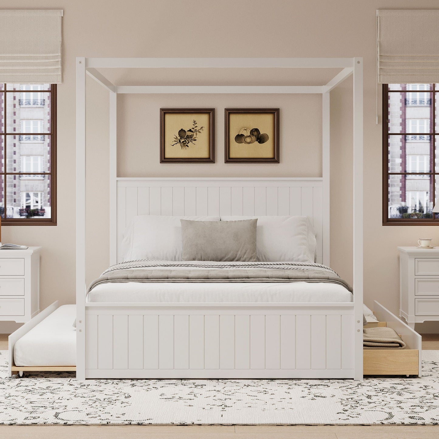 Canopy Platform Bed With Trundle And 3 Storage Drawers
