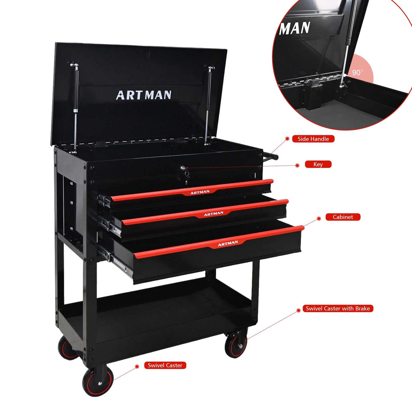 3 Drawers Multifunctional Tool Cart with Wheels and Steel Top - Black & Red