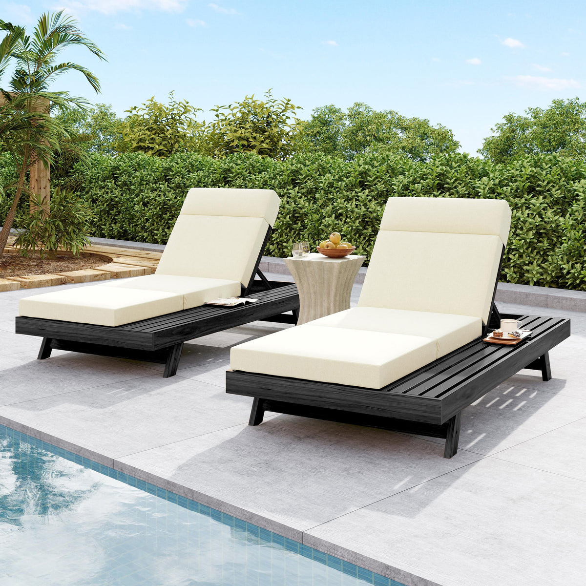 Lounge Chaise Set with Headrest, Acacia Wood