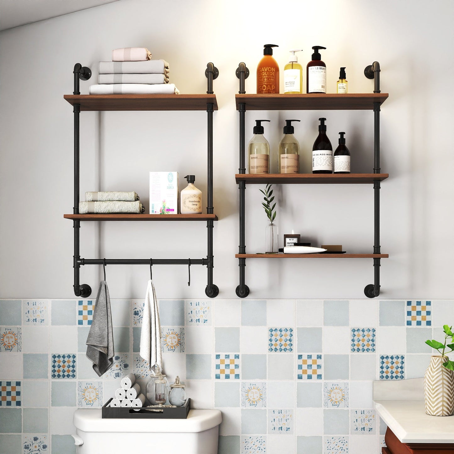 Industrial Pipe Shelf 3-Tier and 2-Tier Wall Mounted Shelves