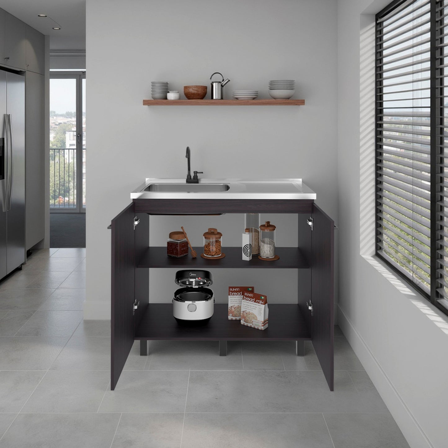 Alatna Freestanding Utility Base Cabinet with Stainless Steel Countertop and Faucet