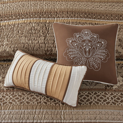 6 Piece Jacquard Quilt Set with Throw Pillows – Brown/Gold King/Cal King
