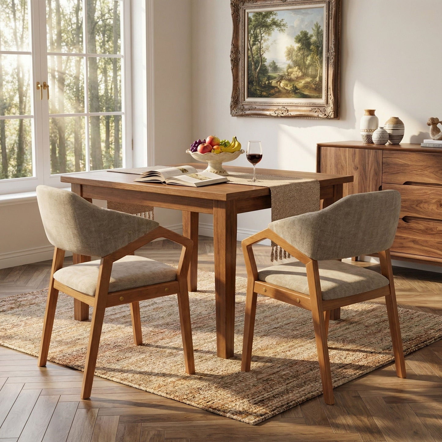 Indoor Upholstered Dining Chair Set of 2 - Oatmeal / Teak