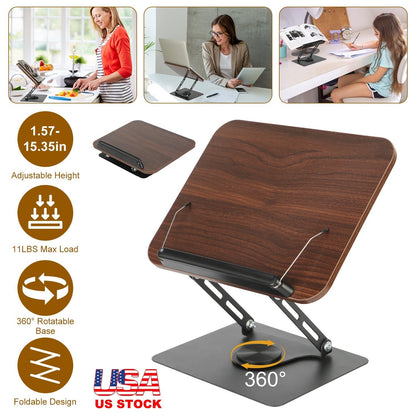 Book Stand for Reading Foldable Wood Book Holder Reading Rack Paper Stand with Adjustable Height 360¡ Rotatable Base Dual Paper Clips for Book Sheet M