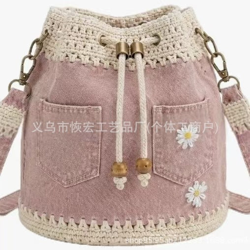 Womens Versatile Retro Denim Patchwork Crochet Bag