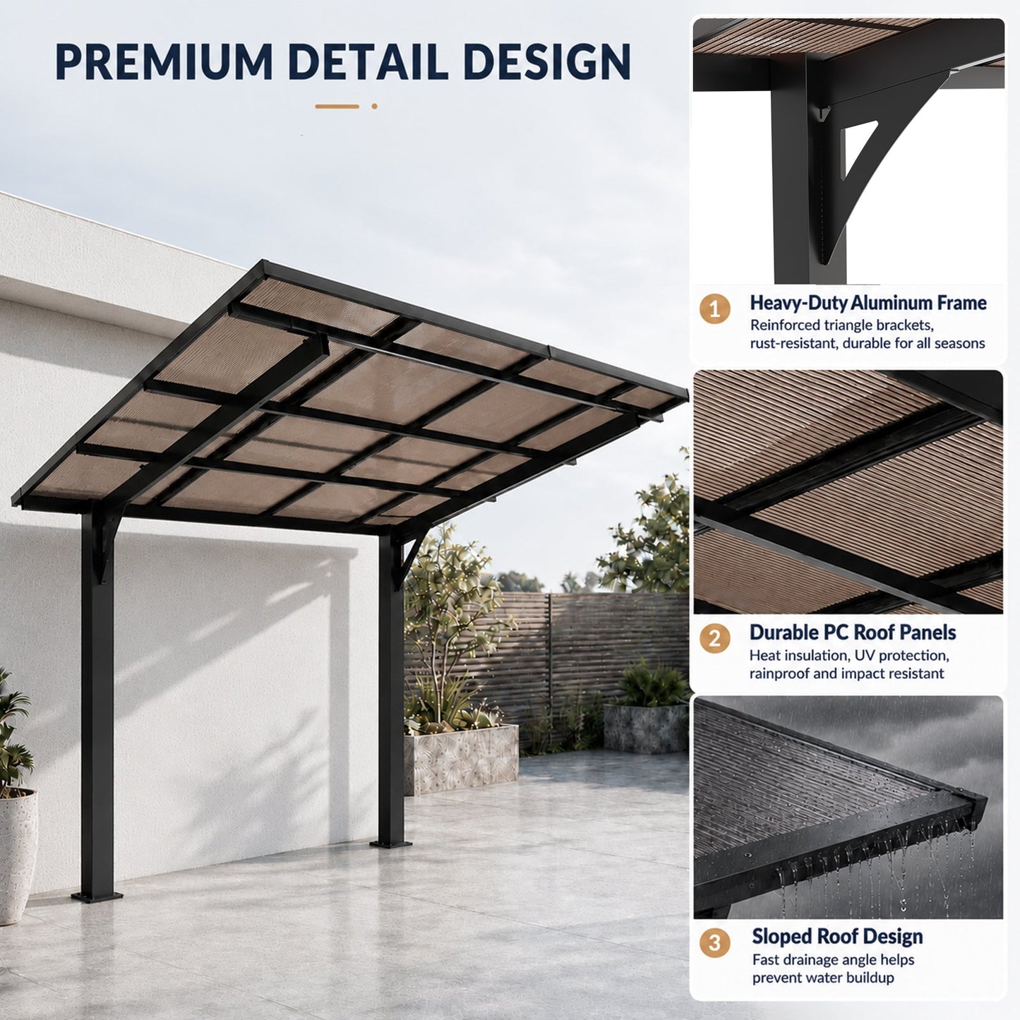8x8FT Outdoor Carport with Galvanized Steel Frame and Sloped PC Roof
