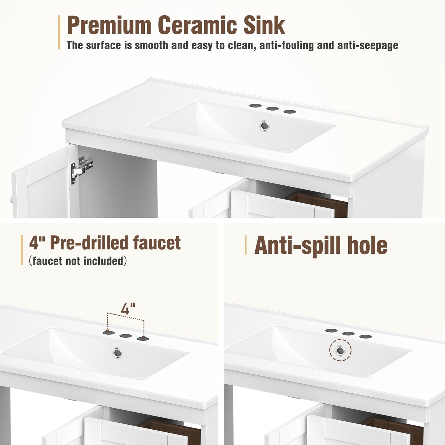 Shaker Free Standing Bathroom Vanity Cabinet & Sink, Soft Close Drawers, Soft Close Doors