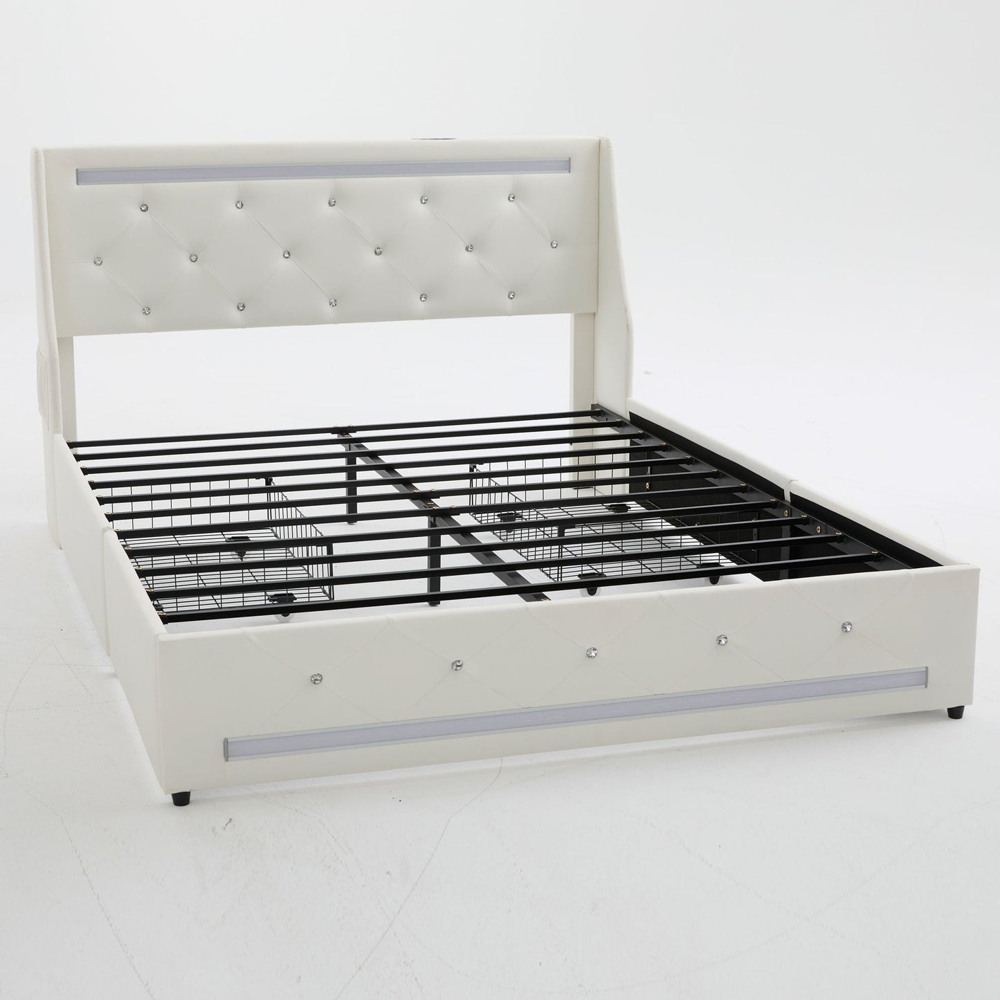 Wingback Upholstered Bed Frame With LED Lights, Charging Station