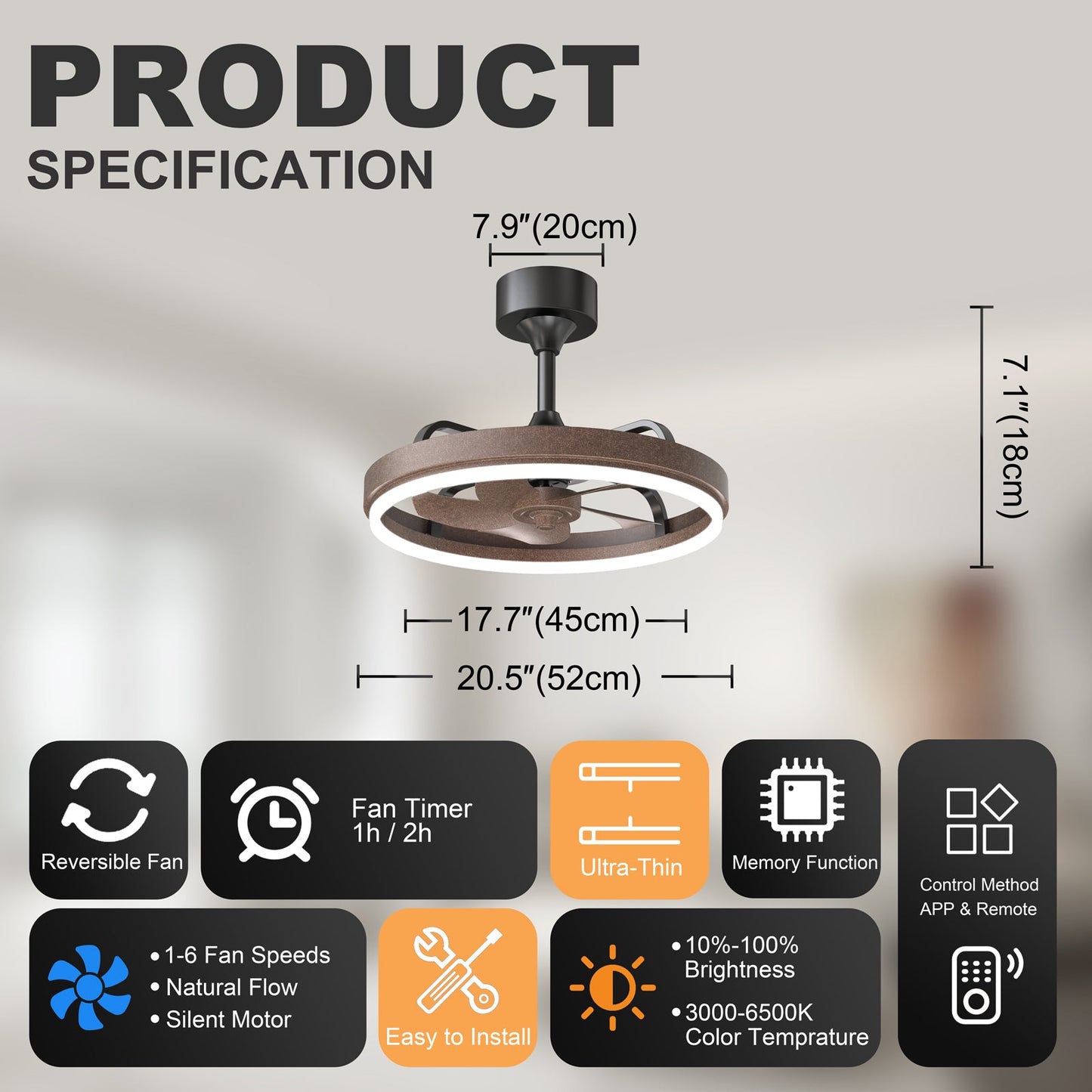20.5" Rustic LED Ceiling Fan with Remote & APP Control