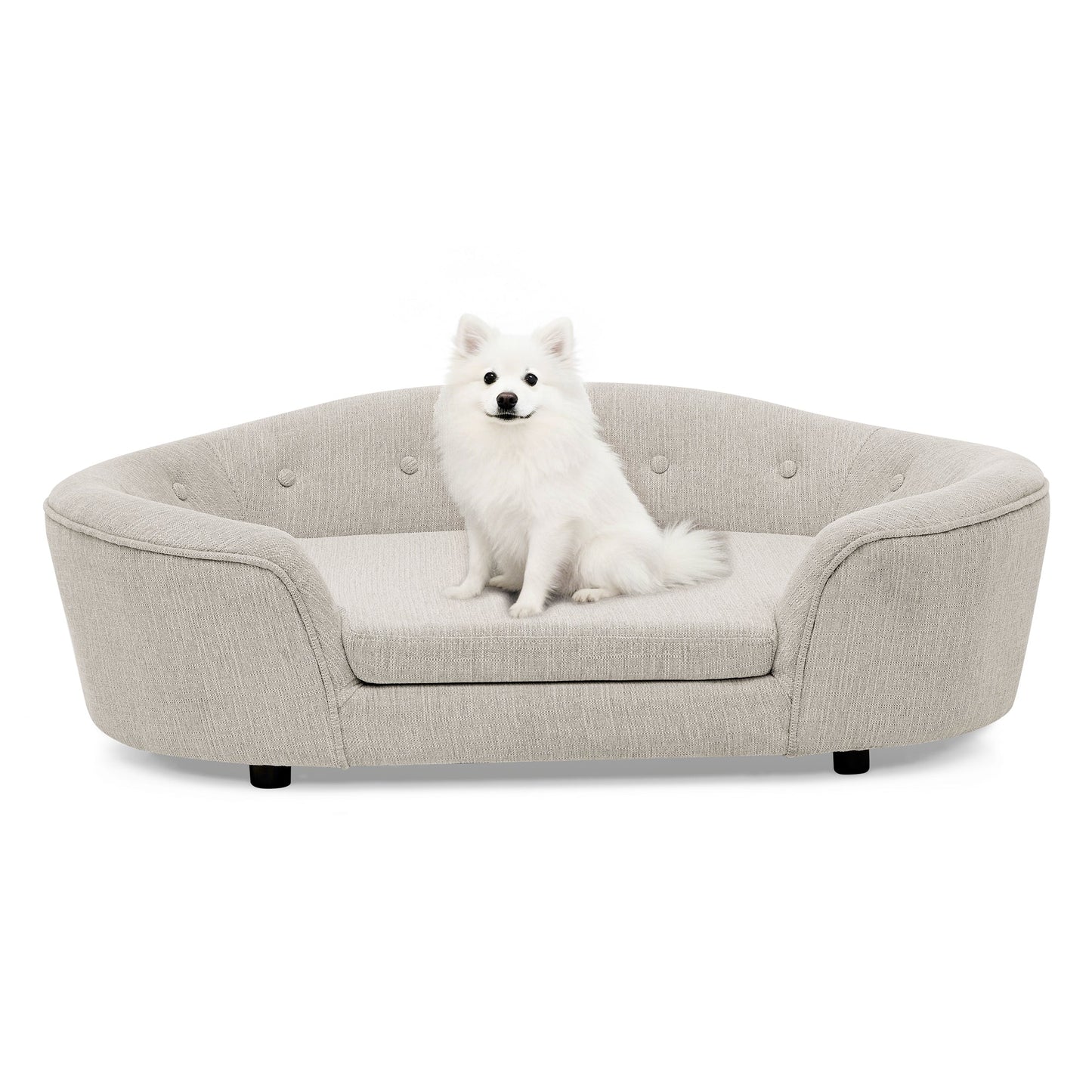 OVERSIZED Size Oval Semi-Enclosed Dog Sofa - Durable Linen Material, Button-Tufted Backrest, High-Center Low-Sides Support & Plush Comfort-Beige