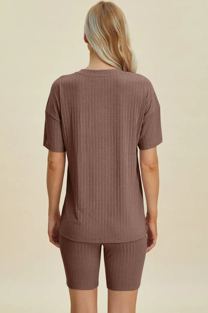 Plus Size Ribbed V-Neck Top & Shorts Set