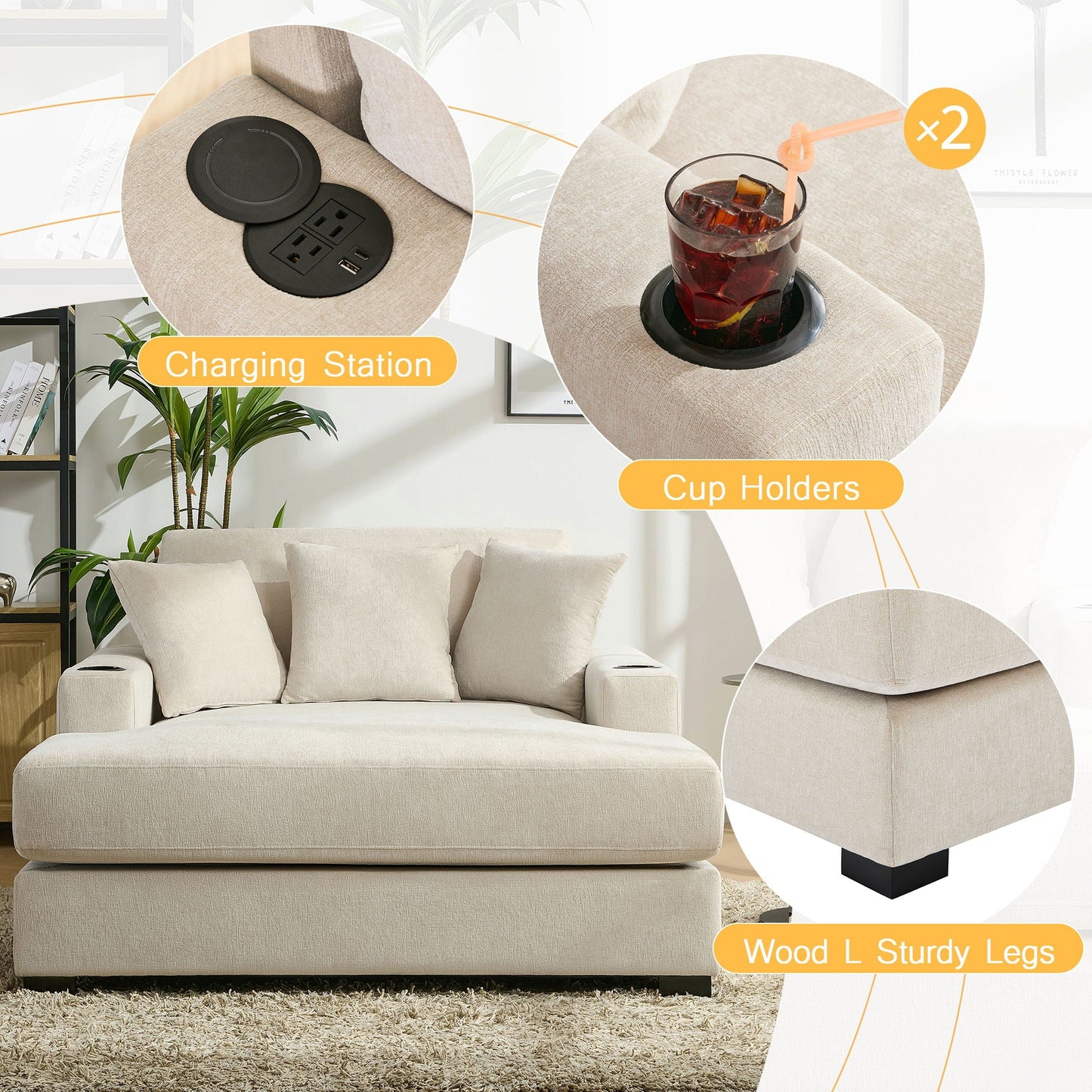 Oversized Chaise Lounger Modern Style Sofa Couch With Pillows, Charge Station & Cup Holders