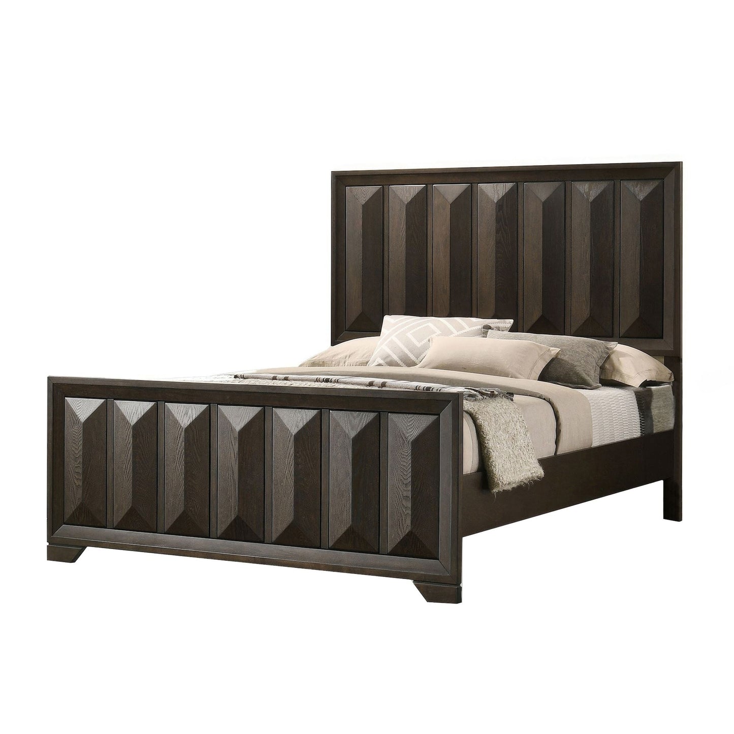 3 Piece Bedroom Set With Faceted Panels Bed And 2 Nightstands