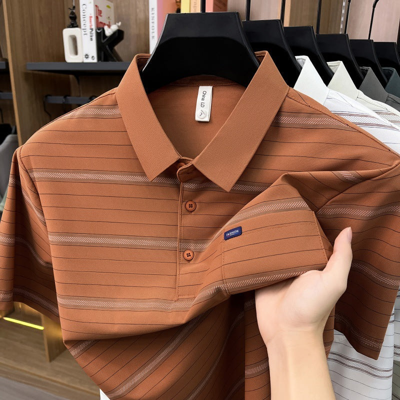 Mens Summer Striped Loose-Fit Lapel T-Shirt