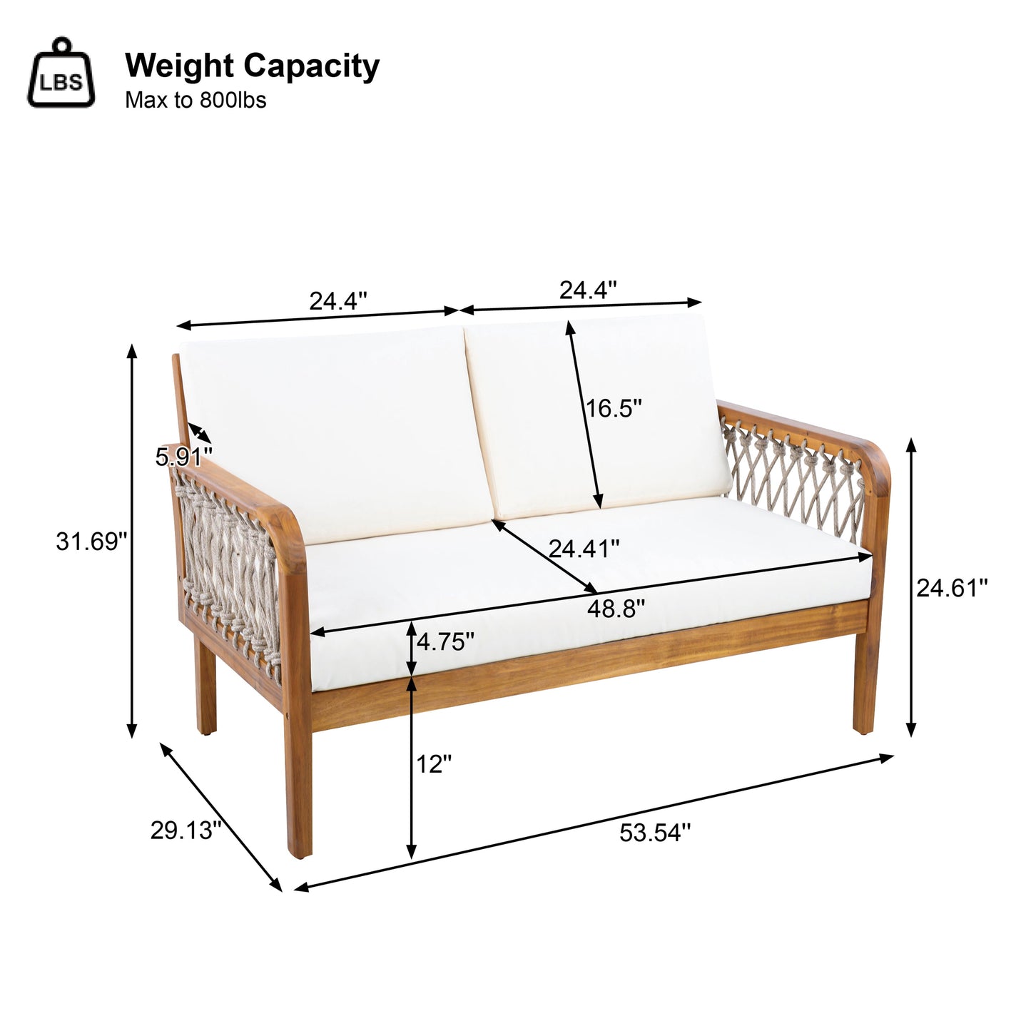 Outdoor Acacia Wood Loveseat & Coffee Table Set with Handwoven Rope, Teak Finish