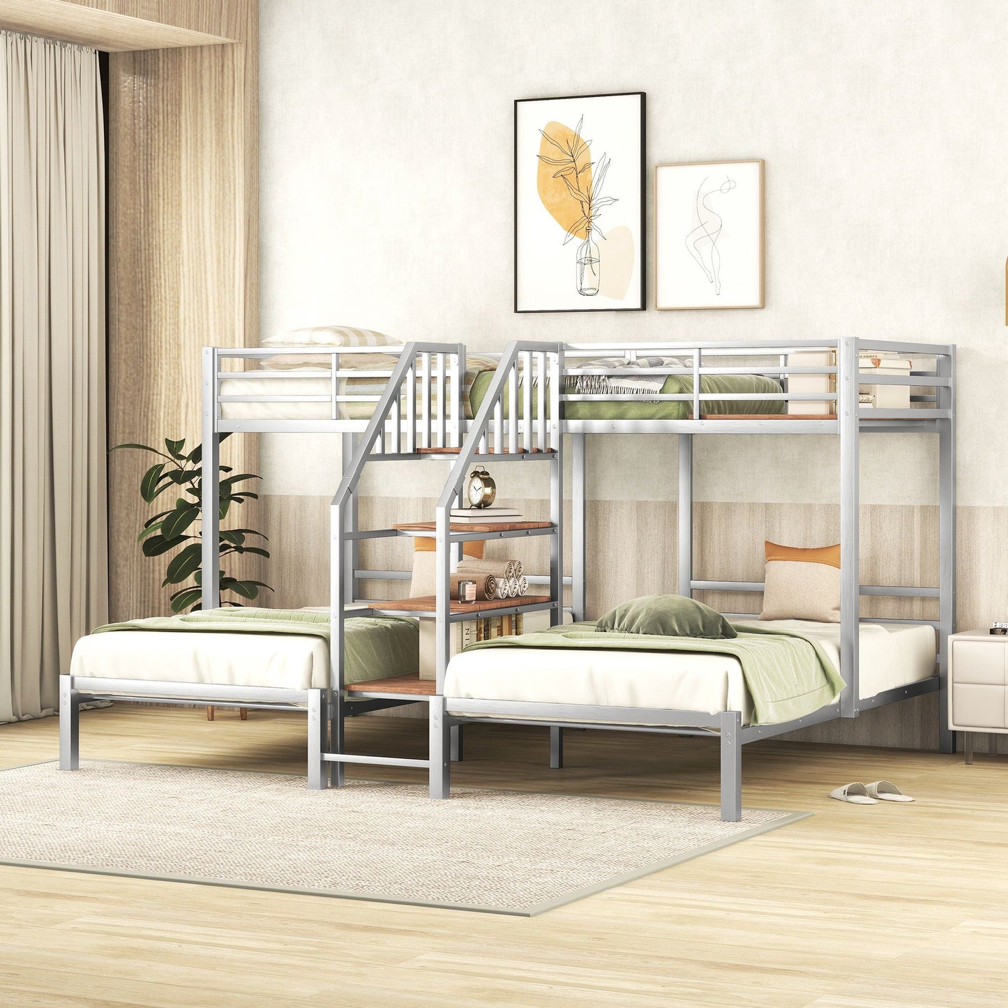 Metal Bunk Bed With Storage Shelves Staircase