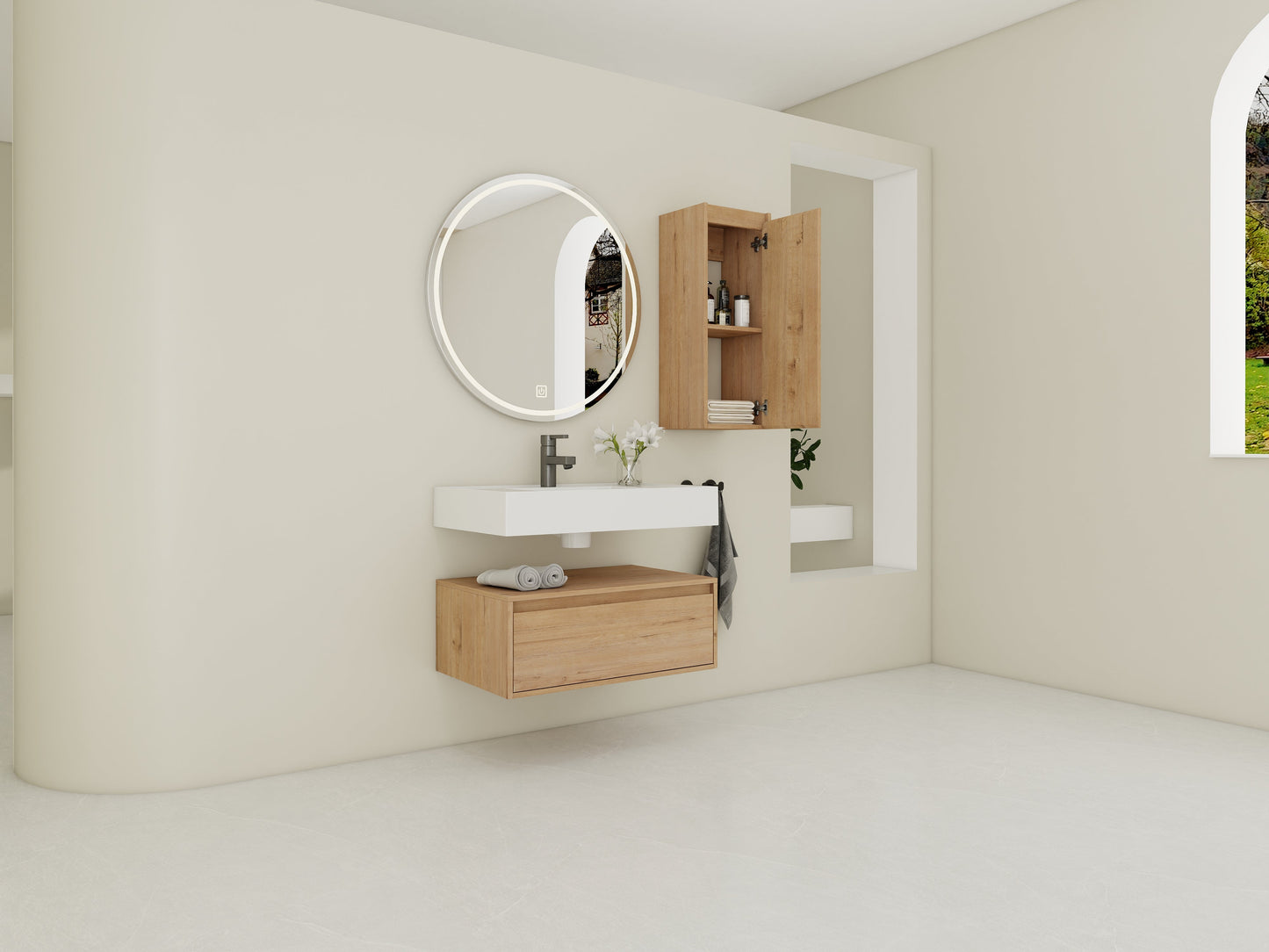 30-Inch Wall-Mounted Bathroom Vanity with Resin Sink and Side Cabinet