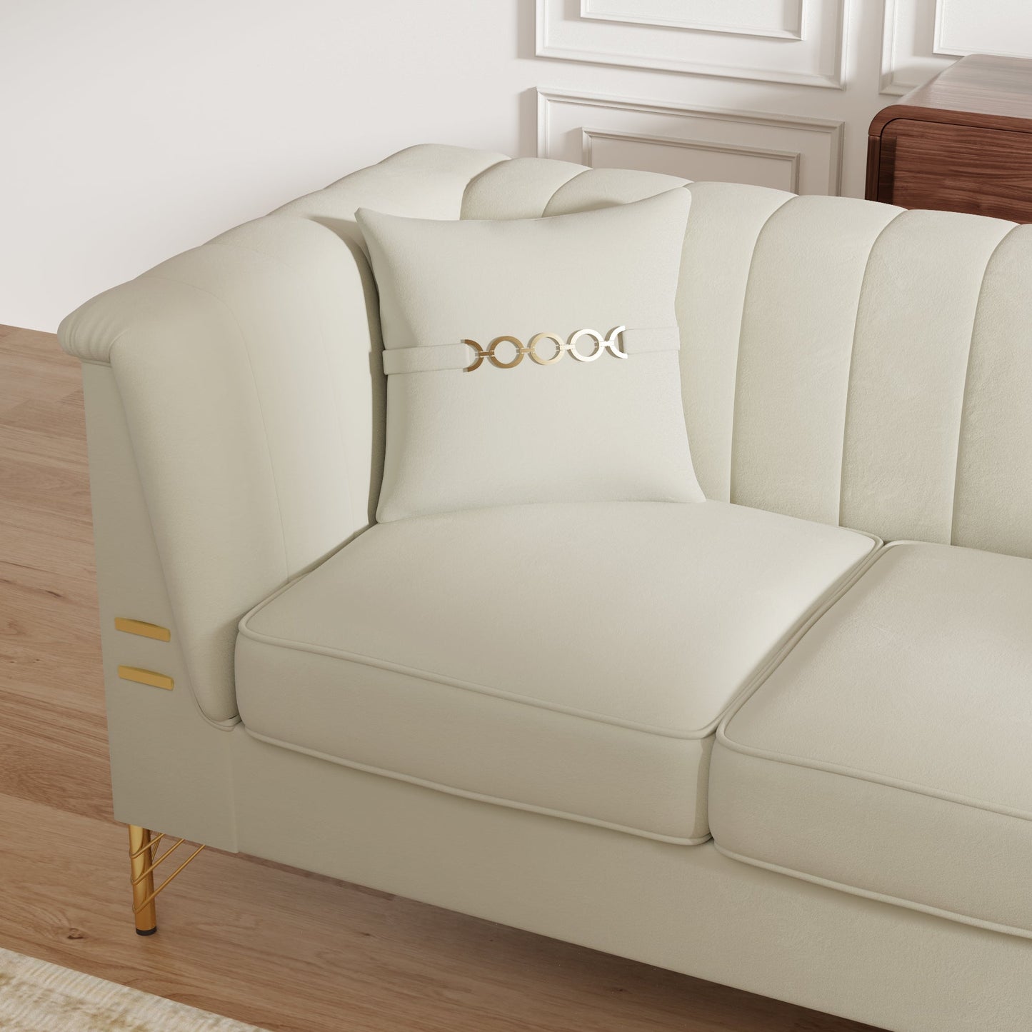 FX-P82-BE3 Modern Velvet 3-Seater Chesterfield Sofa with 2 Pillows
