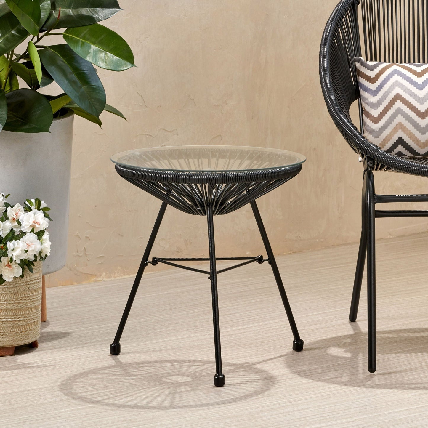 Nusa Modern Rattan Side Table With Tempered Glass Top