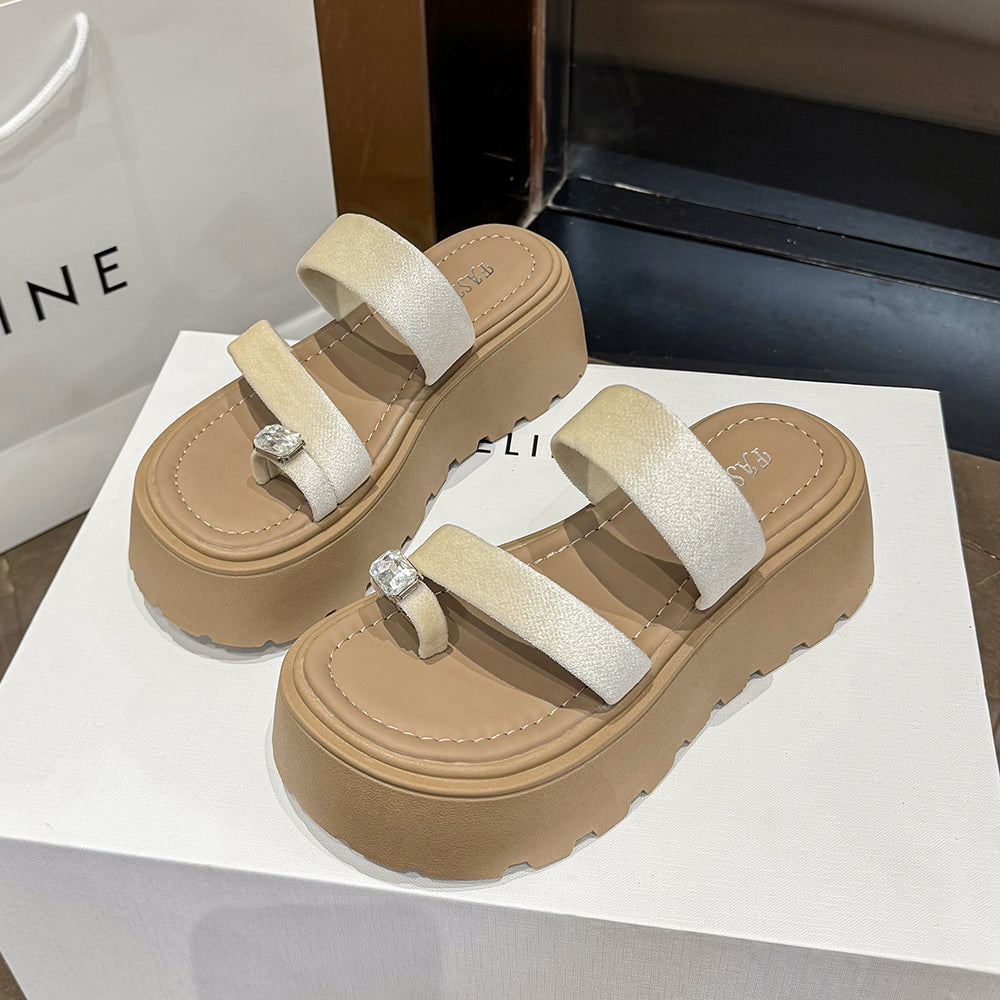 2026 Summer French Rhinestone Platform Slide Sandals, Toe Post Chunky Sole Fairy Style Casual Versatile Beach Slippers