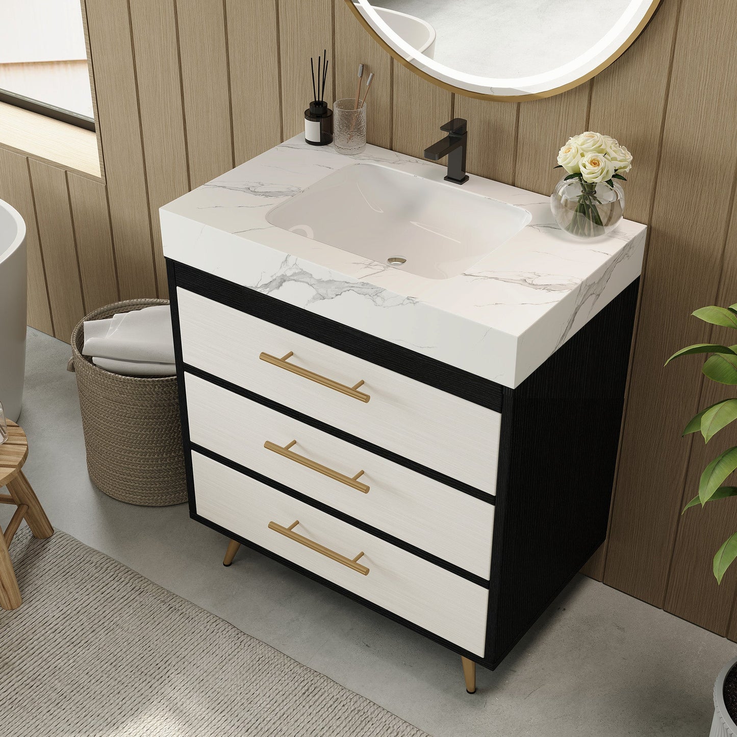 Modern Free-Standing Bathroom Vanity with Ceramic Vessel Sink & Durable Sintered Stone Top