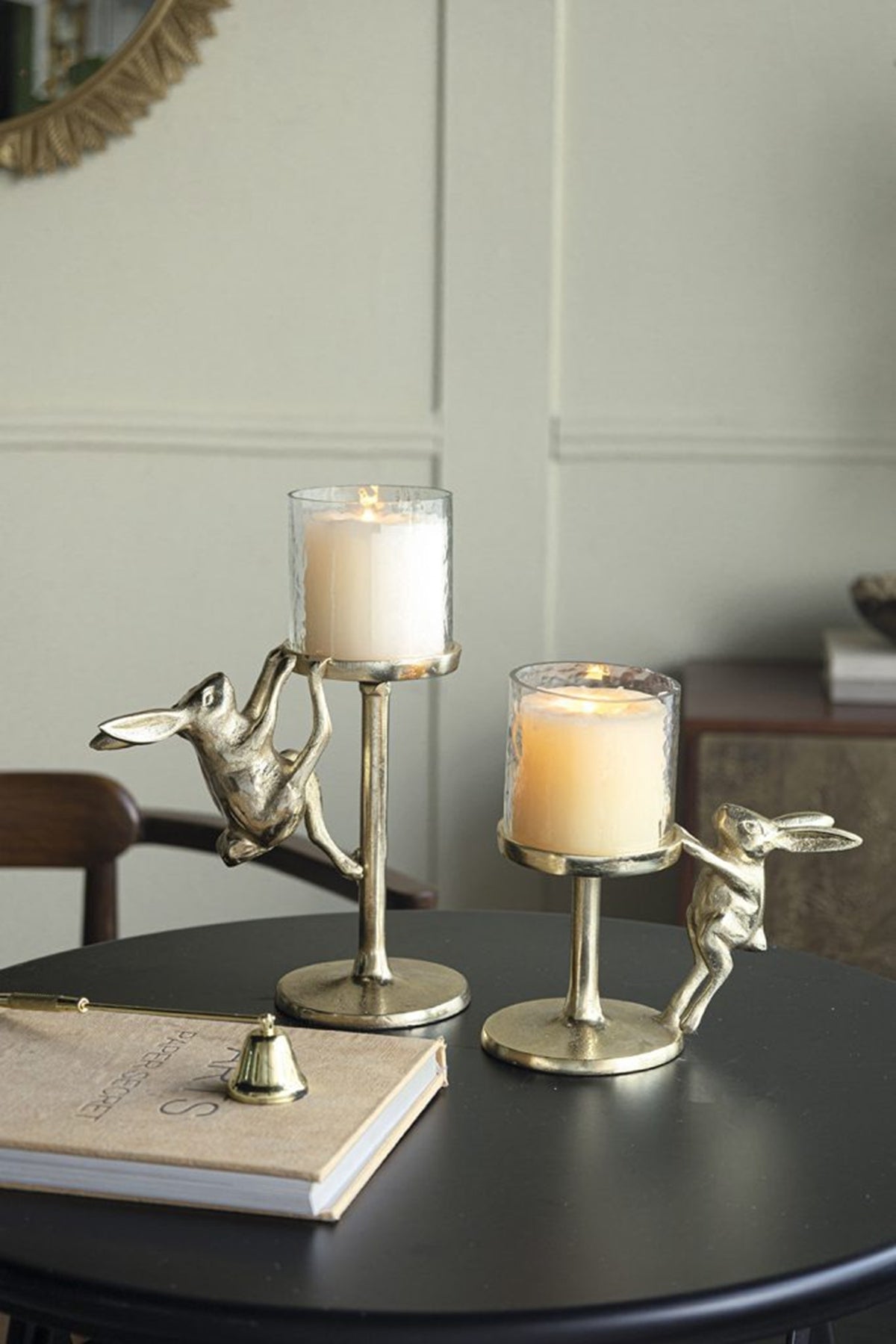 7.9x4x11' Gold Rabbit Pillar Candle Holder with Clear Glass Hurricane Shade