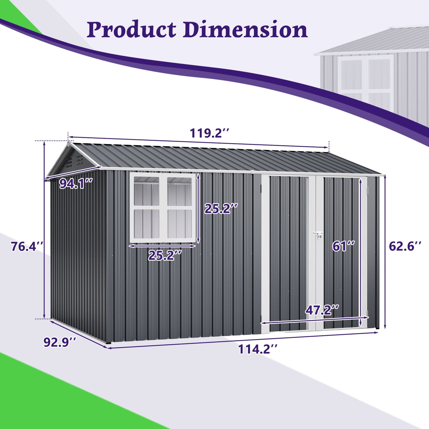 10X8FT Outdoor Steel Storage Shed with Clear Window, Lockable Doors