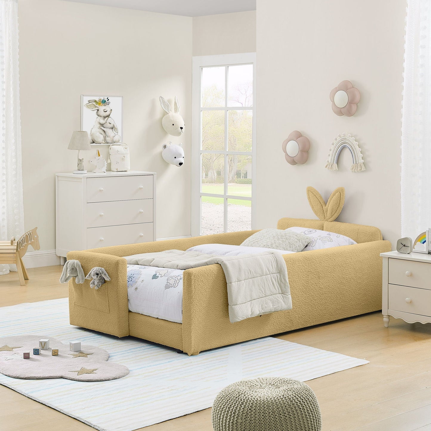 Cute Rabbit Ear Upholstered Platform Bed Frame With Safety Rail