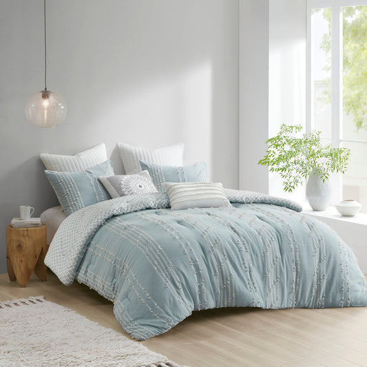 3 Piece Cotton Jacquard Comforter Set Aqua Full/Queen