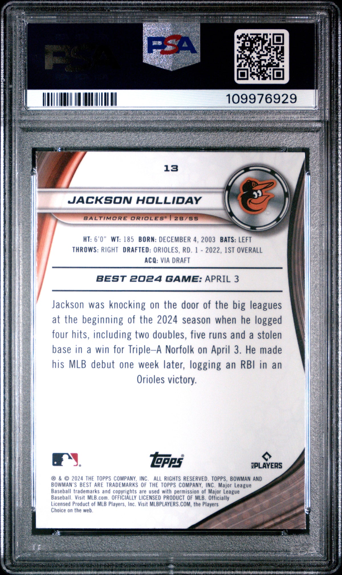 Graded 2024 Topps Bowmans Best Jackson Holliday #13 Rookie RC Baseball Card PSA 9 Mint