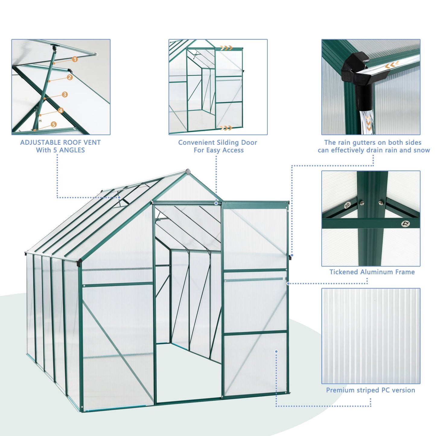 Polycarbonate house Raised Base And Anchor Aluminum Heavy Duty Walk-In houses For Outdoor Backyard In All Season