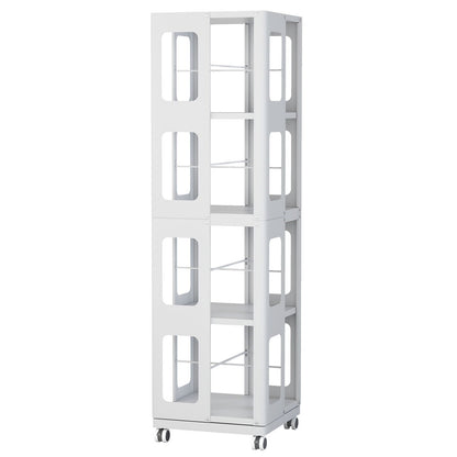 4 Tier All Steel Rotating Bookshelf With 360° Wheels, Large Size Sturdy & Spacious Book Rack, New Style Bookshelf - White