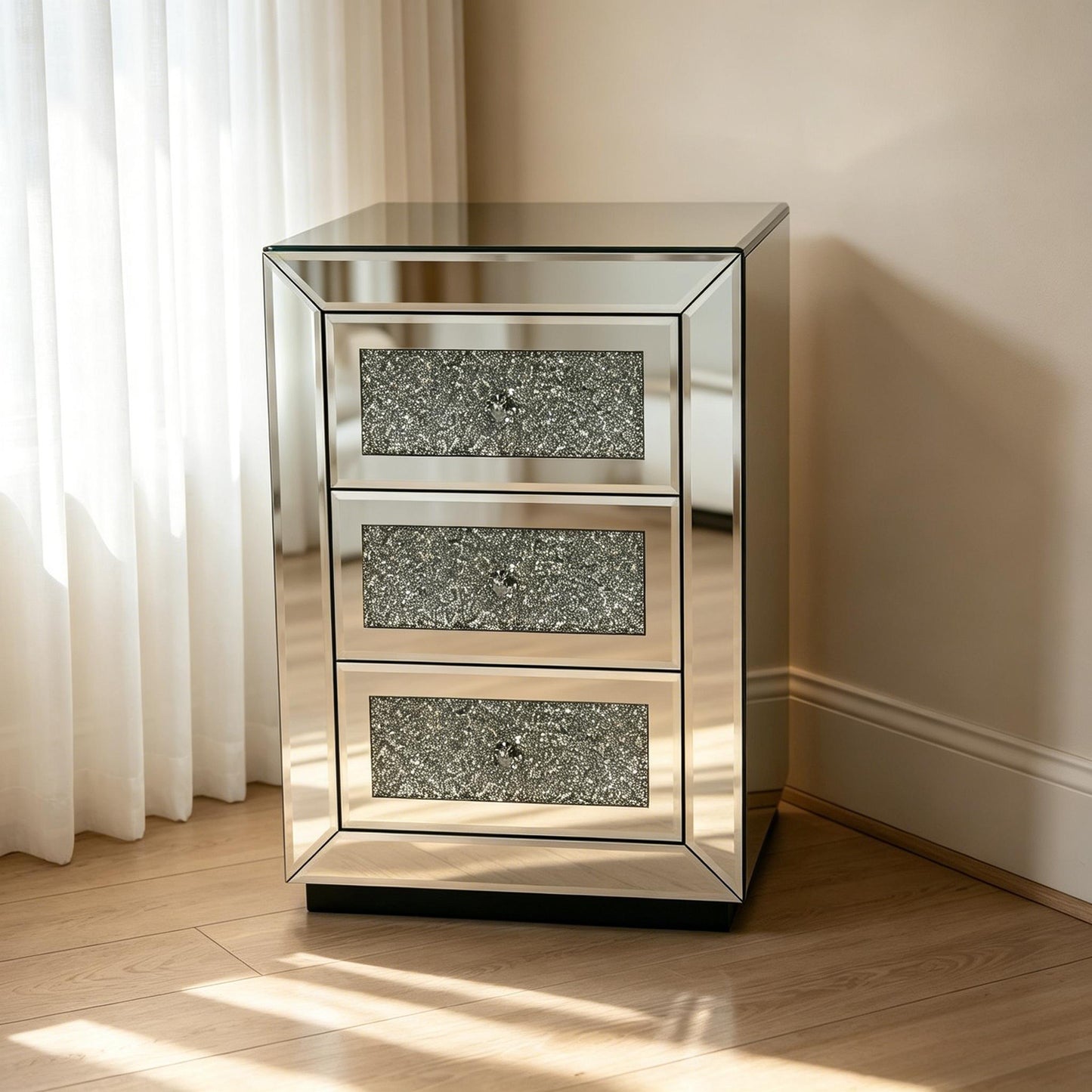 3 Drawer Nightstand With Glass Accents, Bedside Table For Bedroom - Silver