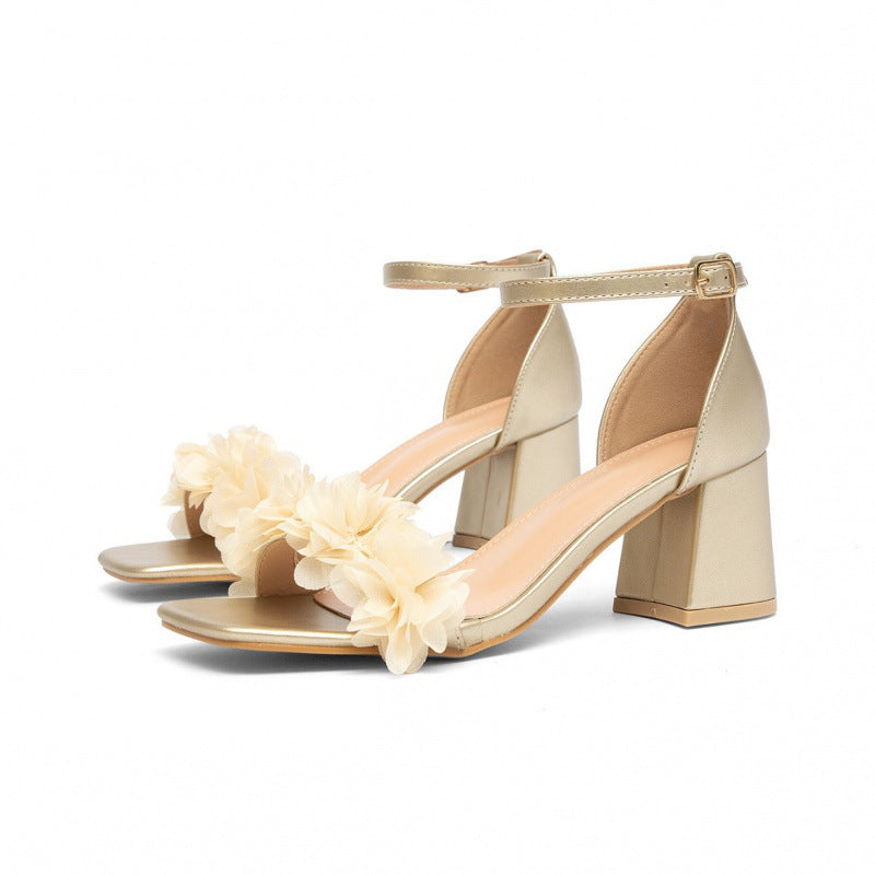 Square-toe Chunky-heel Sandals With A Buckle And Floral Detail, Open-toe Design