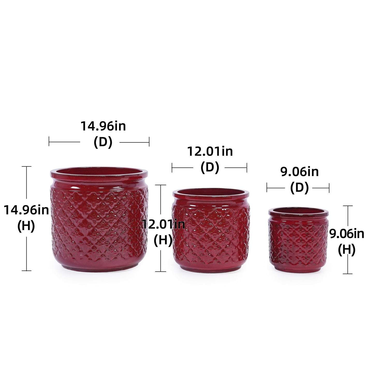 3 Pieces Ceramic Flowerpot Set, Bean Paste Red