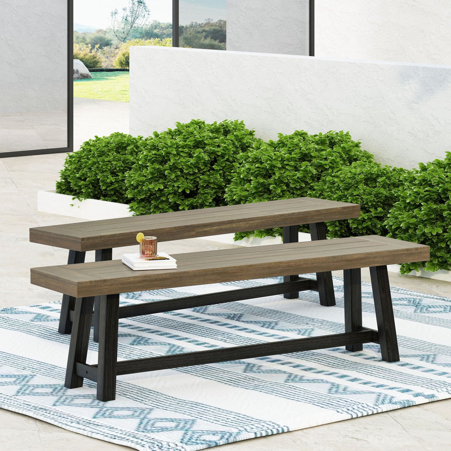 Cloud Outdoor Bench With Acacia Wood Frame And Slat Panel Design