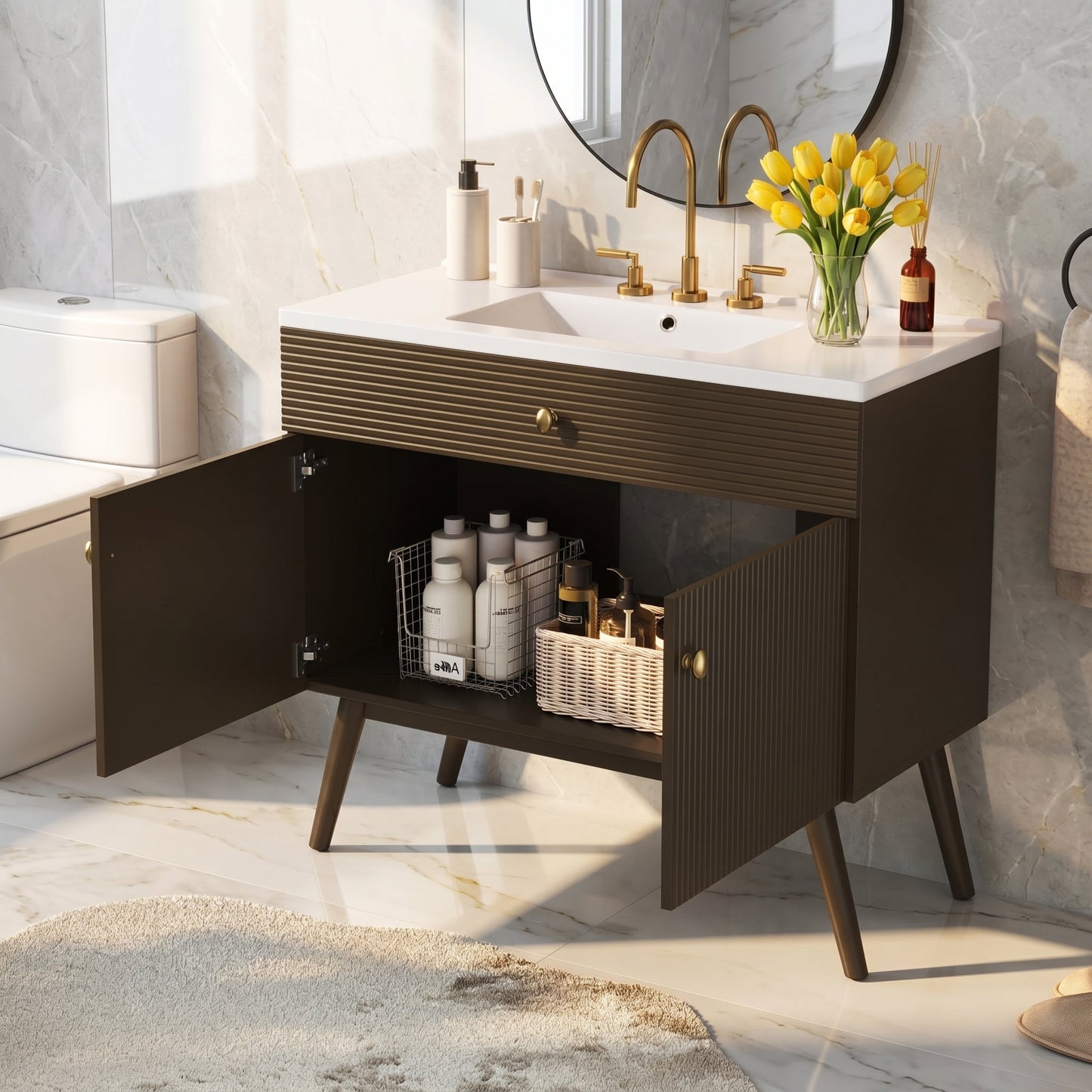 36" Luxury Striped Bathroom Vanity, Soft-Close Dual-Door Storage & Premium Ceramic Sink