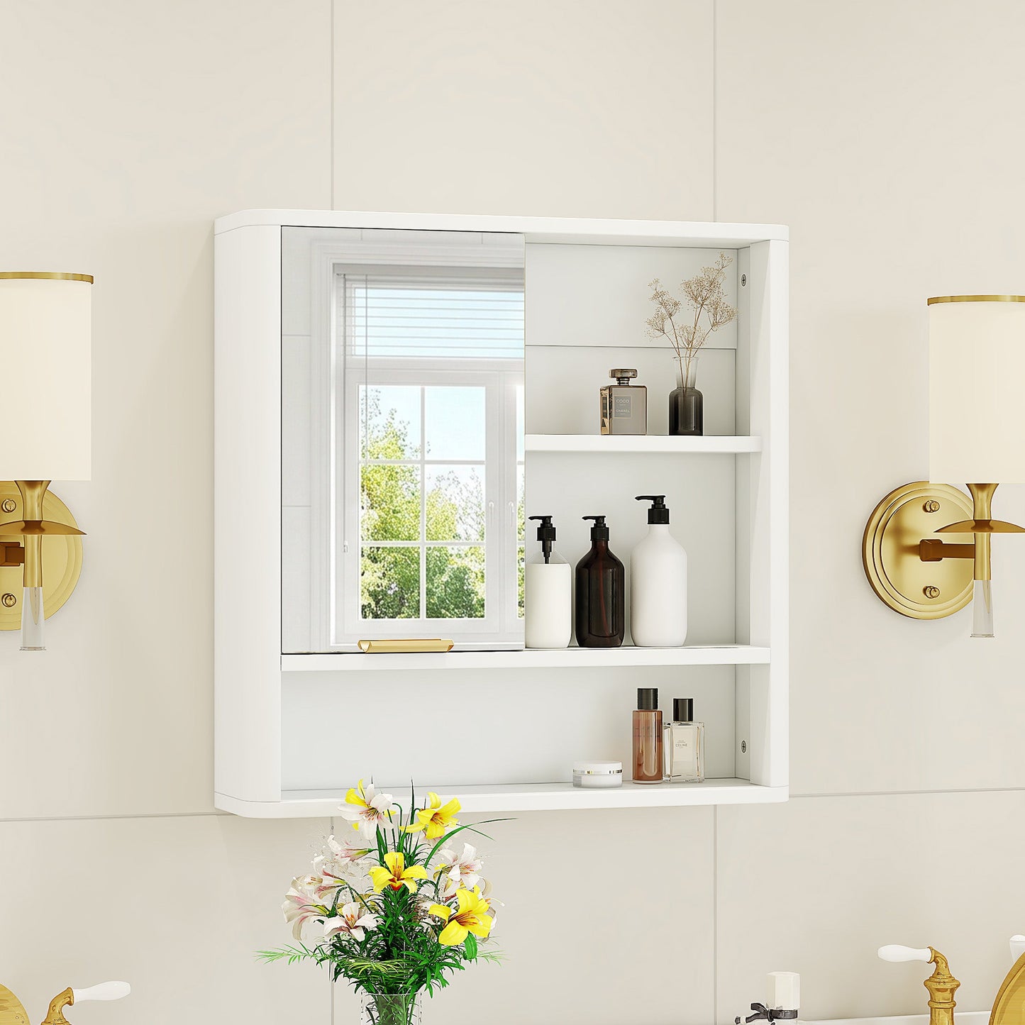 Modern Bathroom Mirror Cabinet with Open Shelves