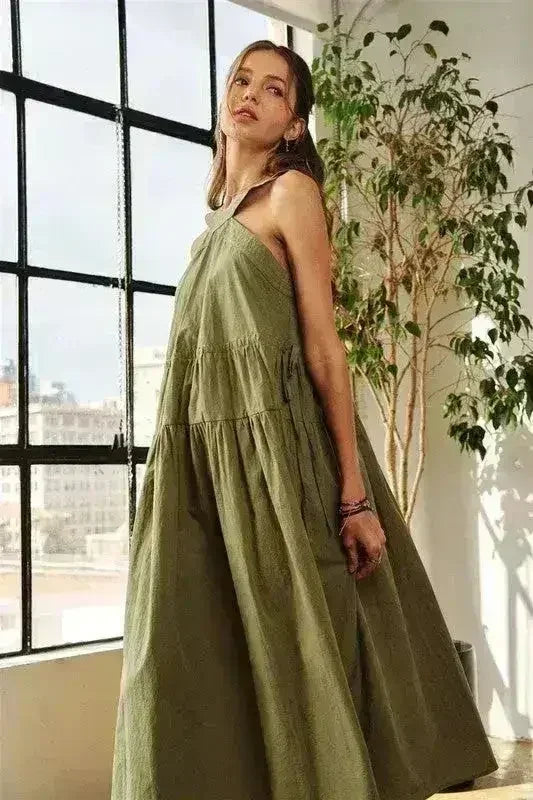 Crisscross Strap Cotton Midi Dress - Adjustable Drawstring Design | Femstylo